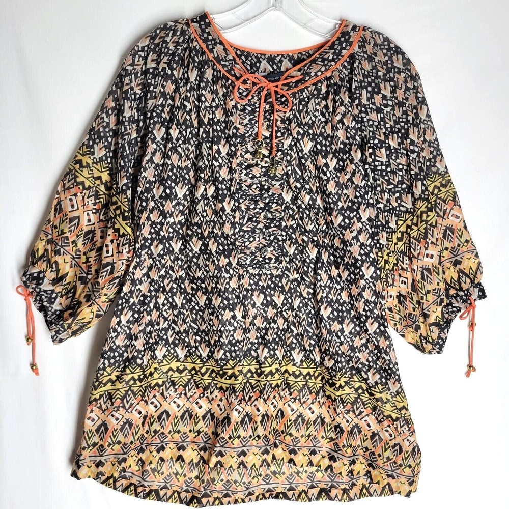 French Connection Women's Blouse Abstracted Print Tie Neck 3/4 Sleeve Size 4